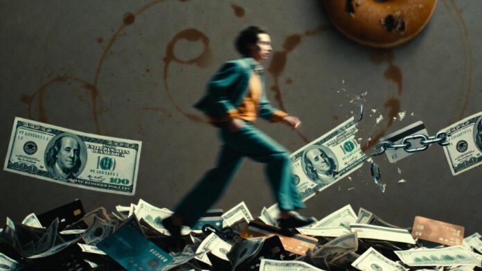 Shattered chains and bills, person breaking free