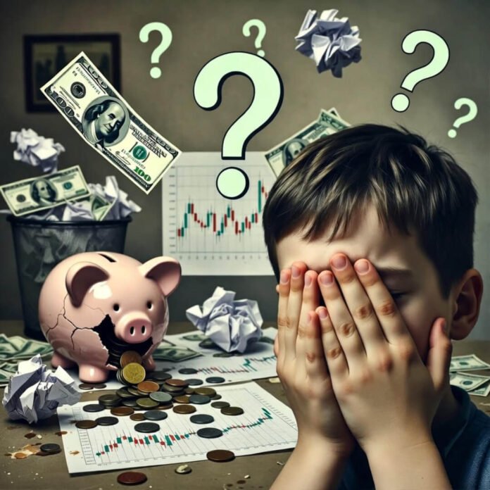 Broken piggy bank and facepalm over stock mess.