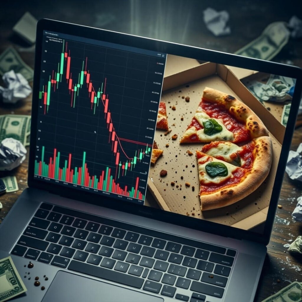 Crashing stocks on laptop beside half-eaten pizza.