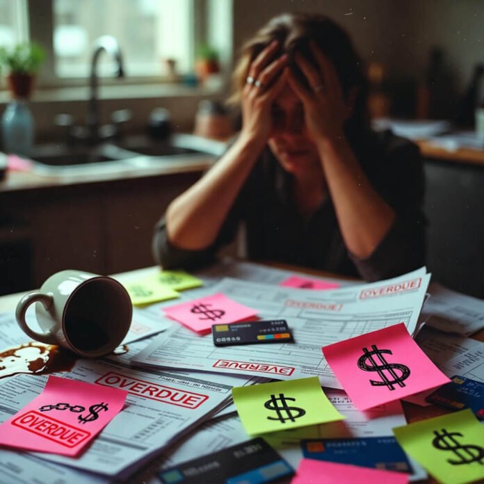 Frustrated person amid overdue bills and dollar doodles