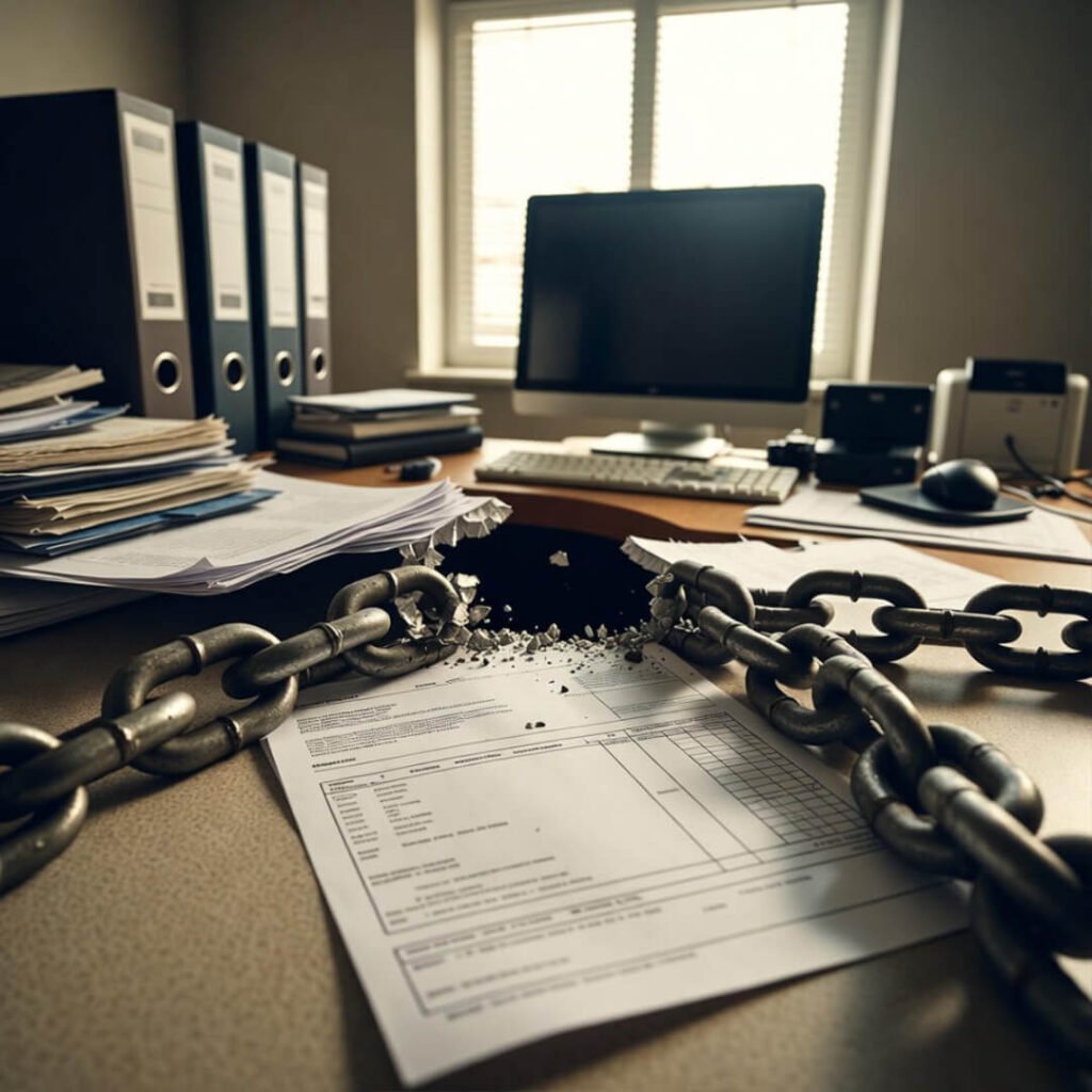 Broken chains over debt statement, breaking free.