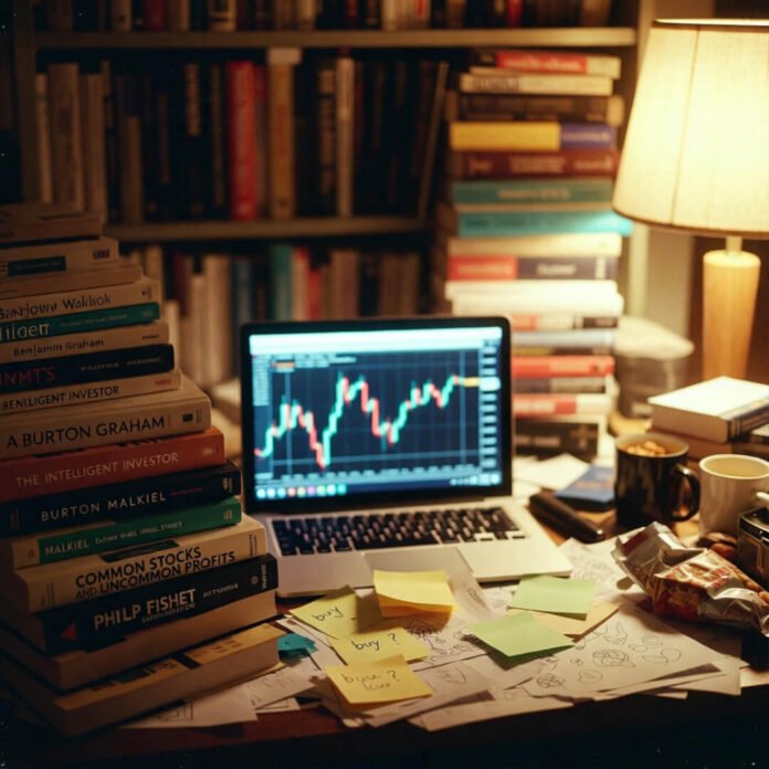 Cluttered desk with investing books and charts.
