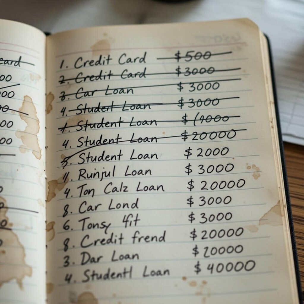 Messy handwritten debt list with coffee stains.