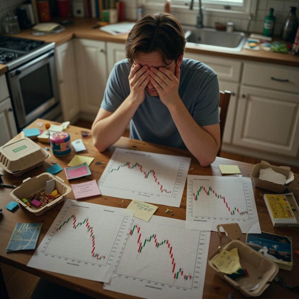 Stressed over crashing stock charts at table.