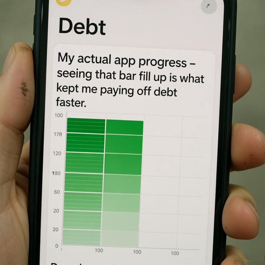 Phone screen showing debt payoff progress bar.