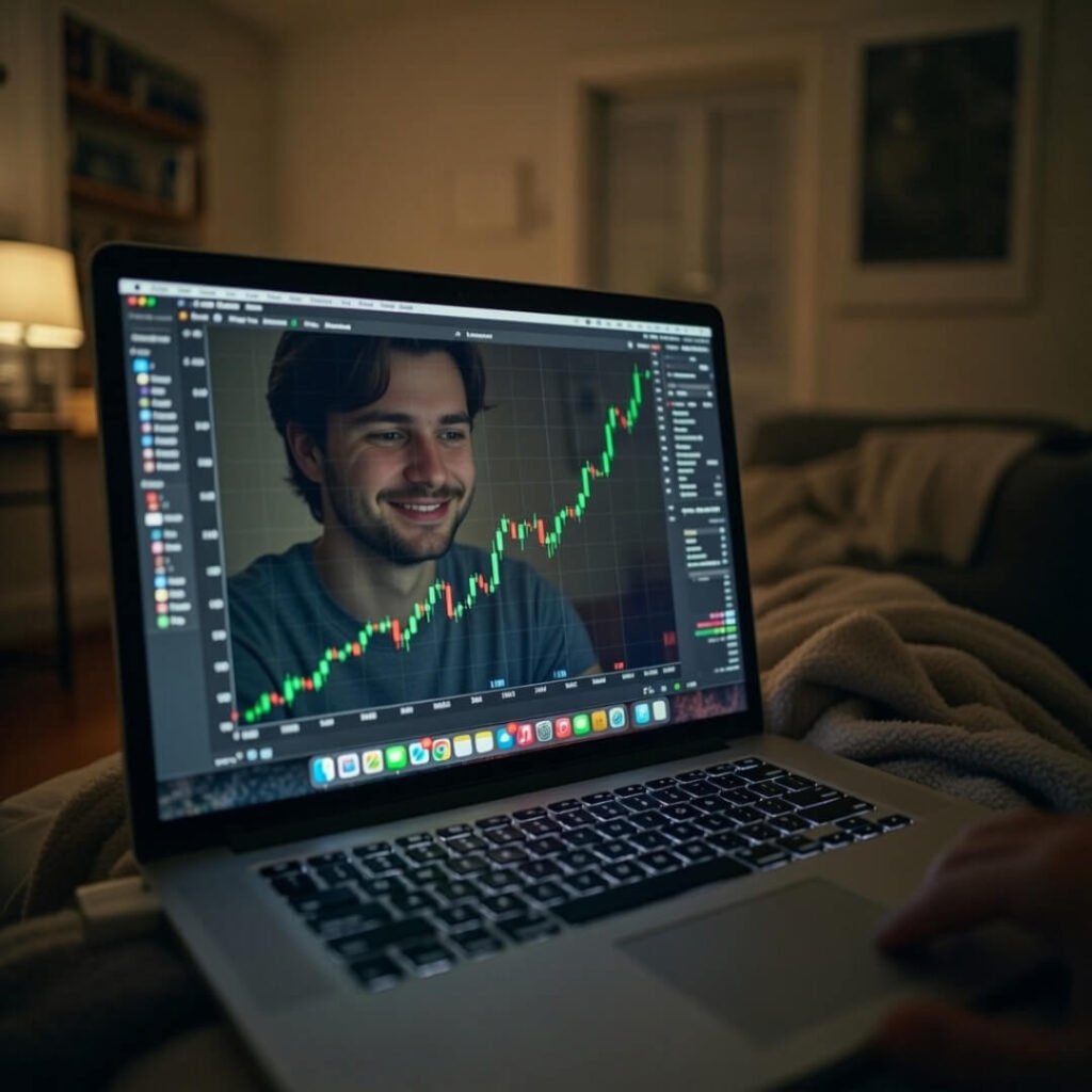 Smiling reflection on rising green stock chart.