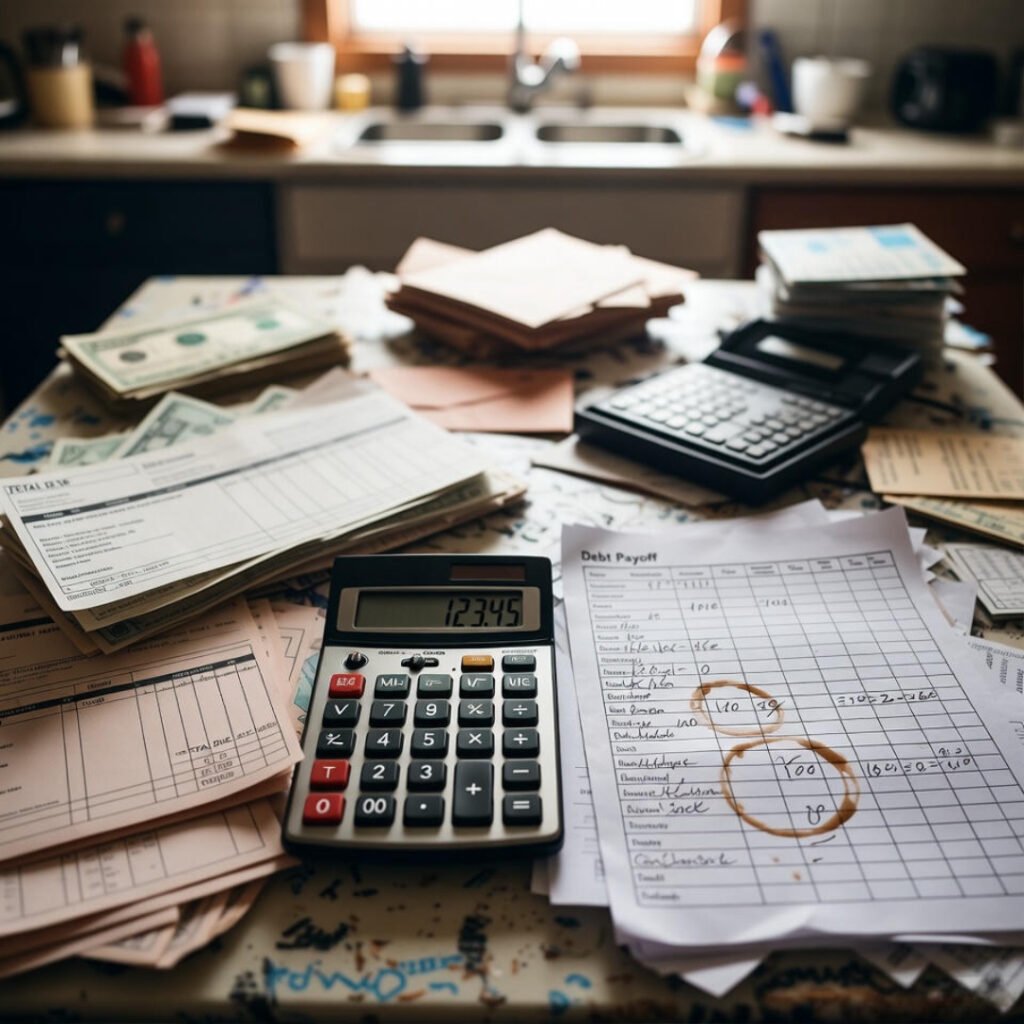 Messy debt tracker with coffee rings on table