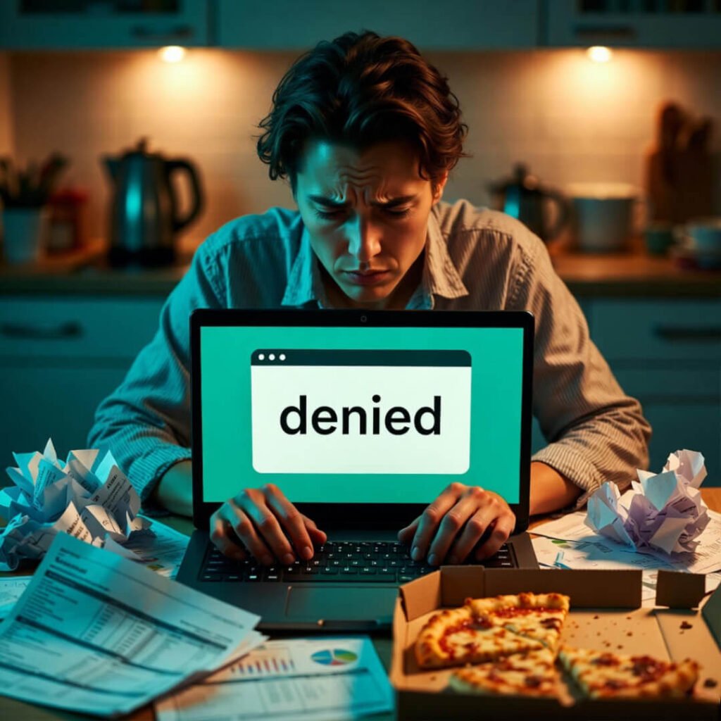 Stressed person staring at loan denied screen.