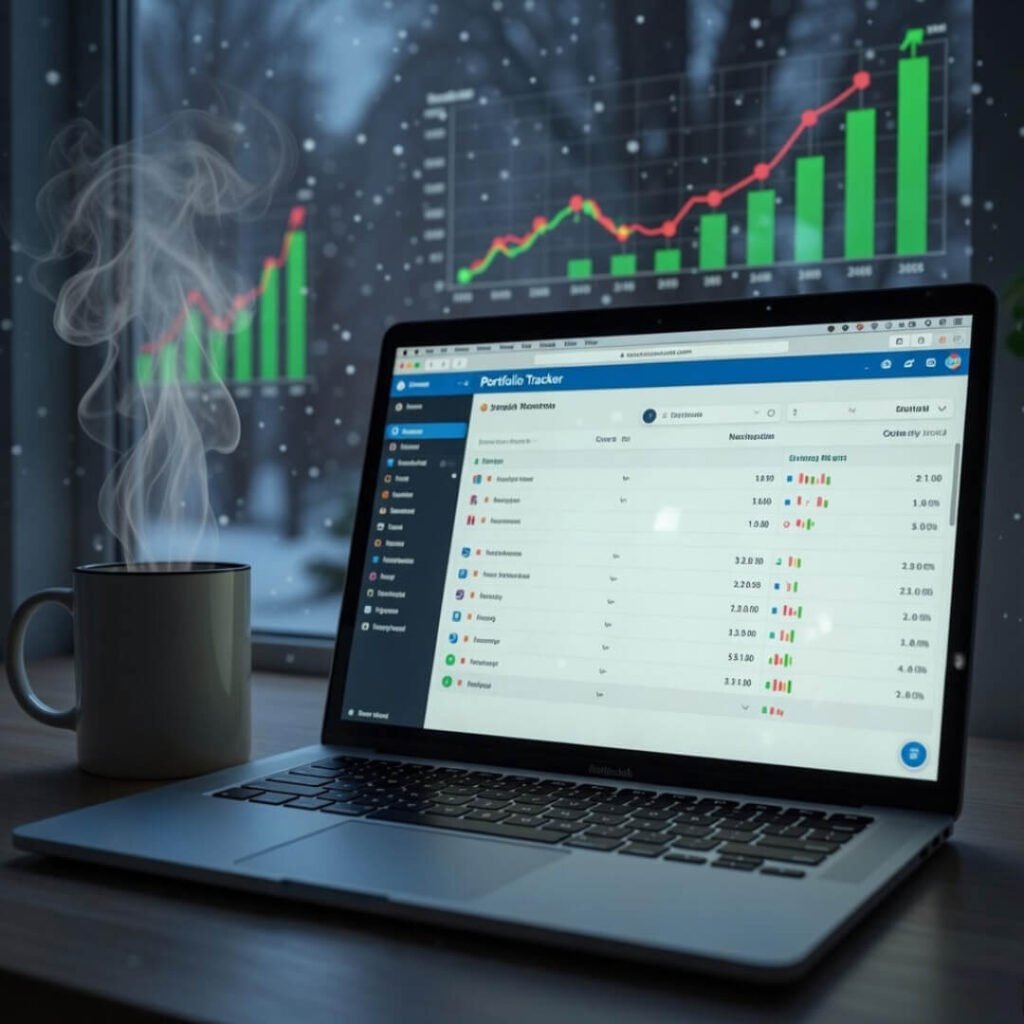 Laptop portfolio tracker with coffee on snowy winter day.