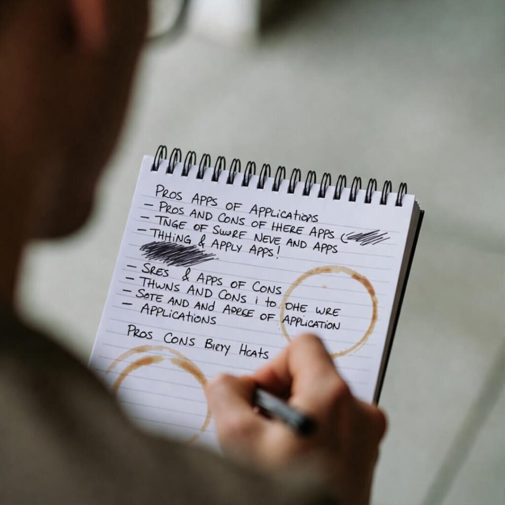 Scribbled pros/cons notes with coffee rings