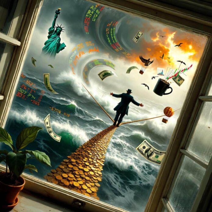 Tightrope walker balancing wealth over stormy markets.