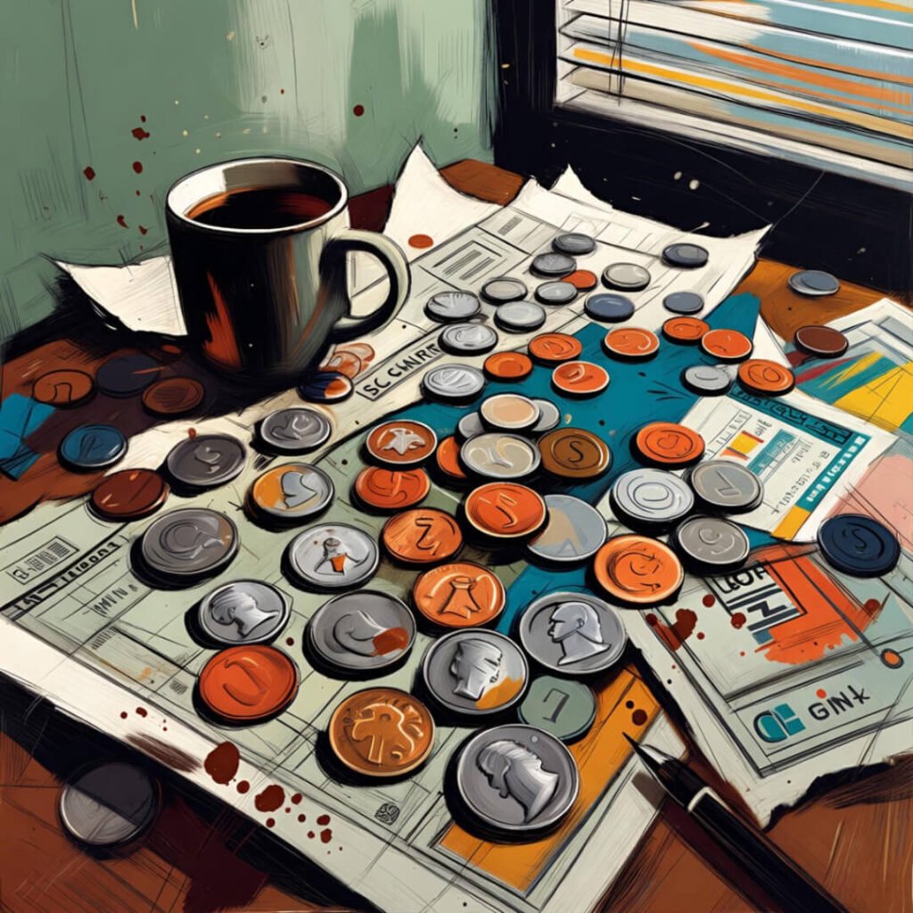 Messy desk with coins, stocks, and coffee stains.
