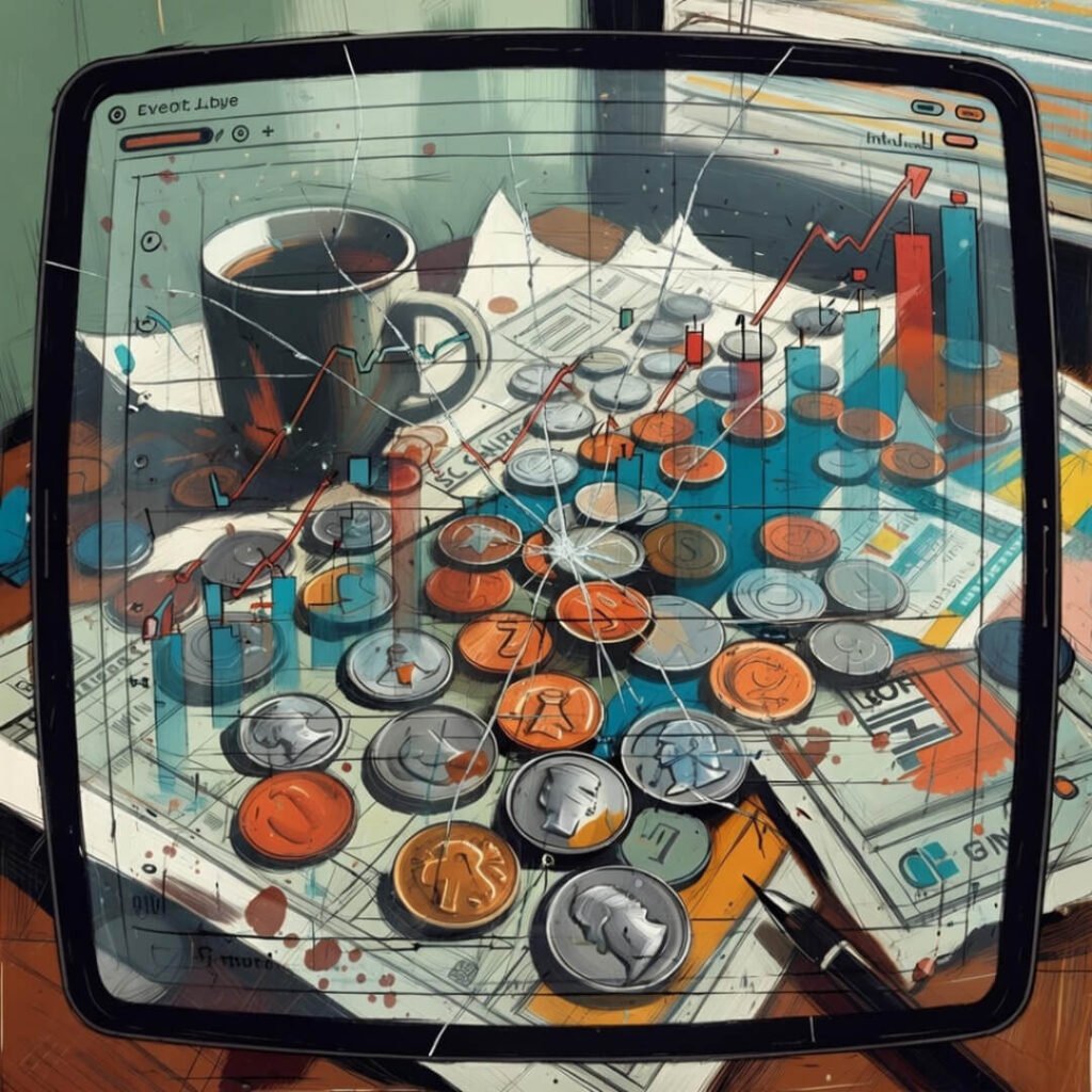 Cracked phone screen showing rising stock charts.