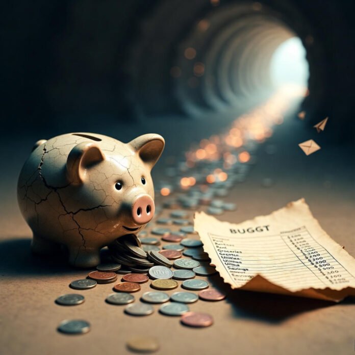 Cracked piggy bank spilling coins toward glowing hope.