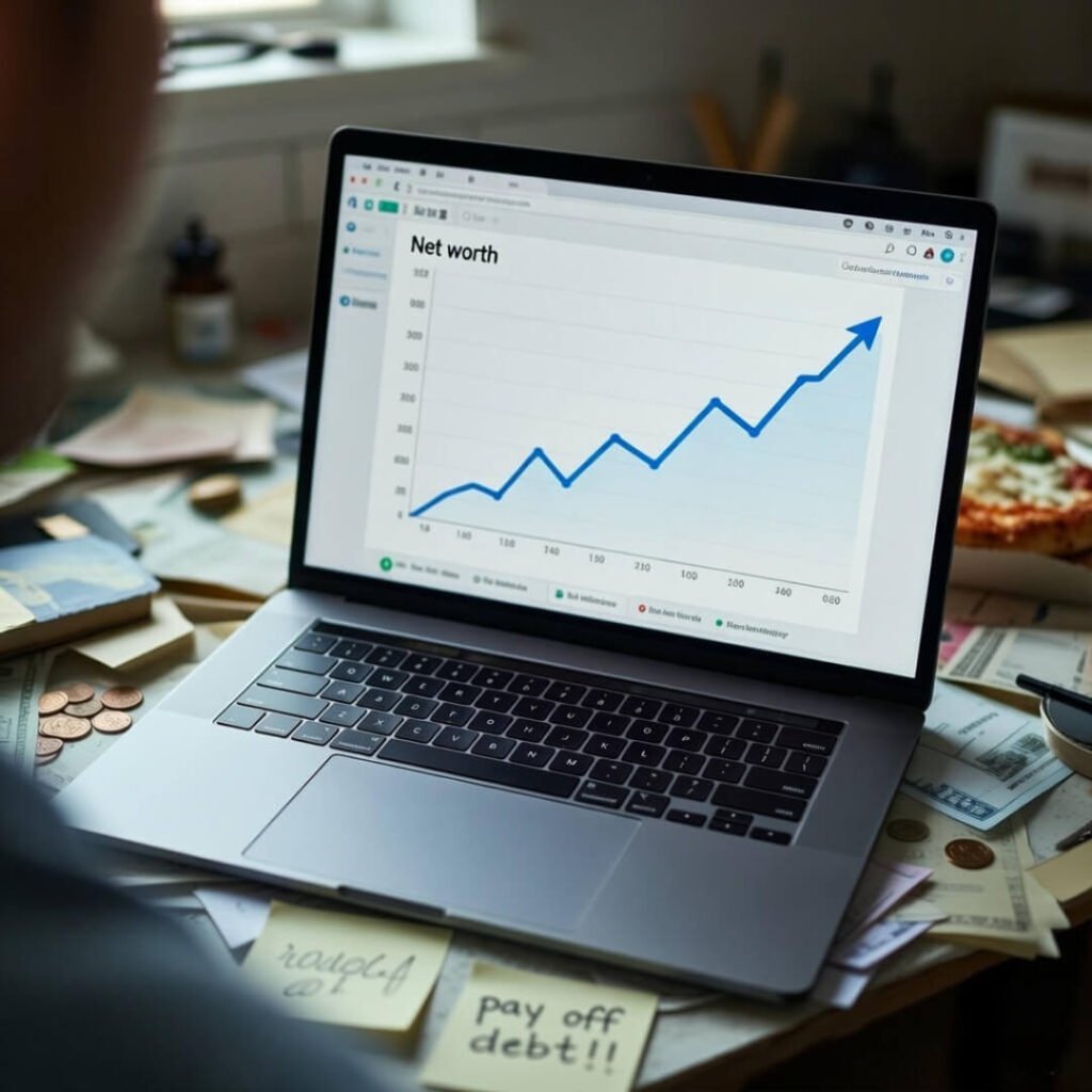 Laptop showing upward net worth graph and debt note.